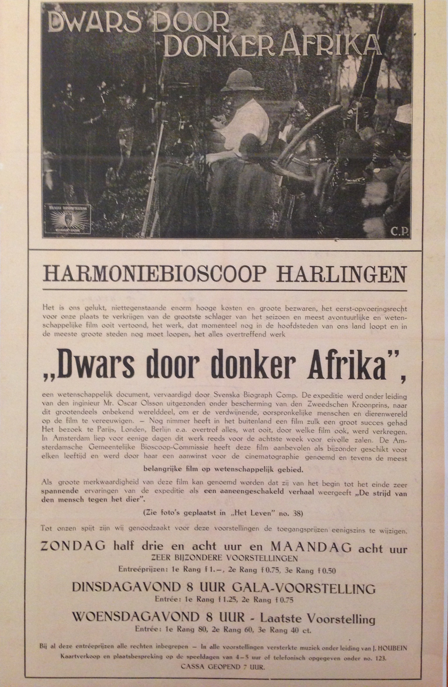 Filmaffiche Dwars door donker Afrika Harmoniebioscoop sept 1922