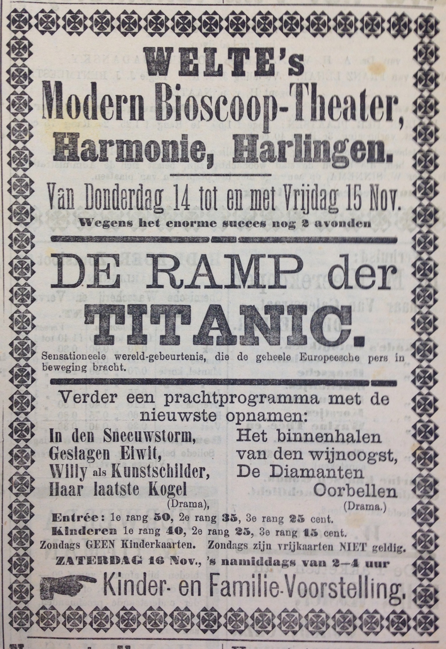 Advertentie Welte's Bioscoop met Ramp der Titanic in Harmonie 10-15 nov 1912