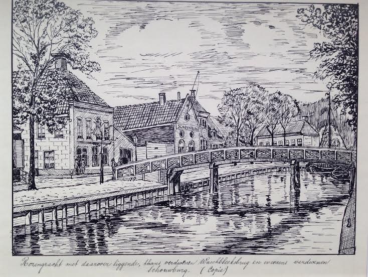 Rozengracht met Wasbleekbrug en Schouwburg, voor 1909. Pentekening door onbekende kunstenaar. Coll Hannemahuis, invnr 130.