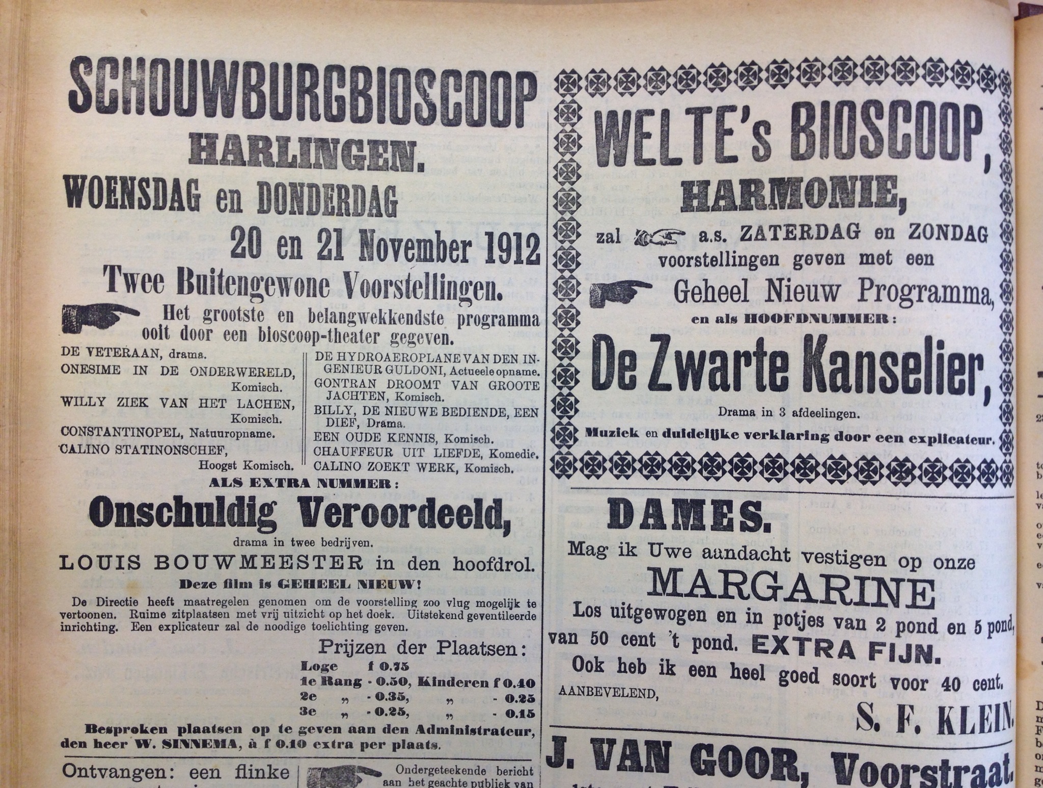 Advertenties van Schouwburgbios en Welte in Harmonie HC 20-11-1912